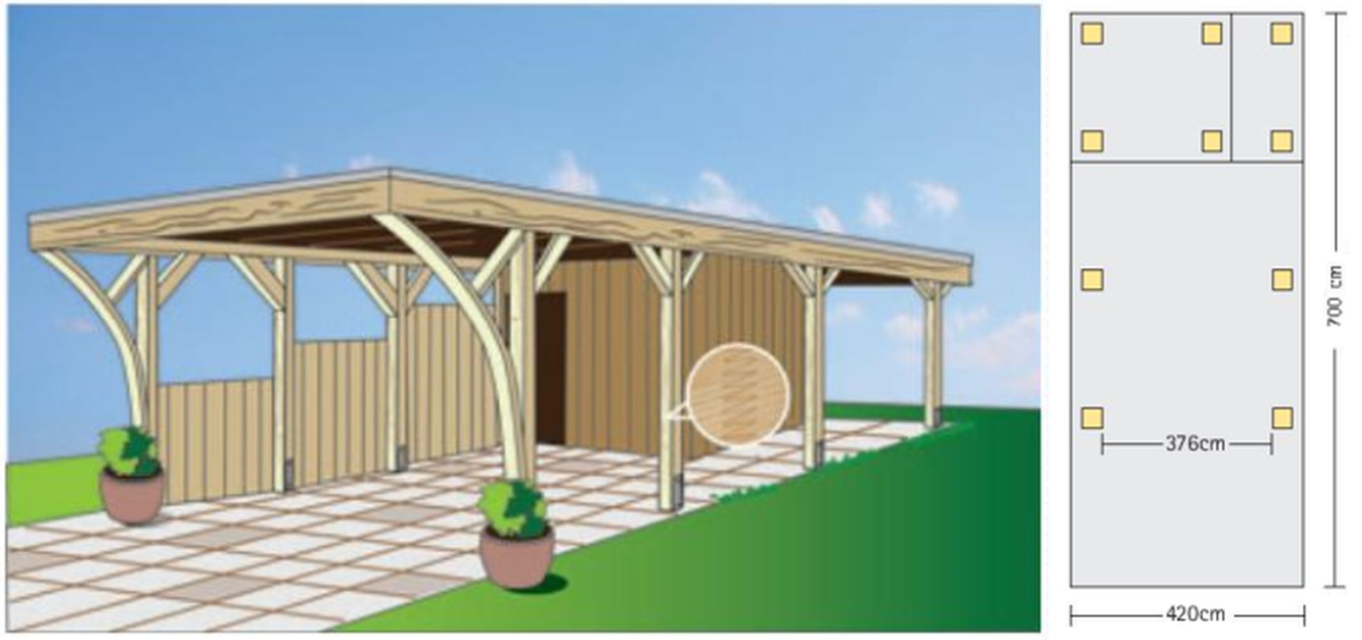 Flachdachcarport 420 x 700 cm mit Geräteraum aus BSH-Fichte / Leimbinder