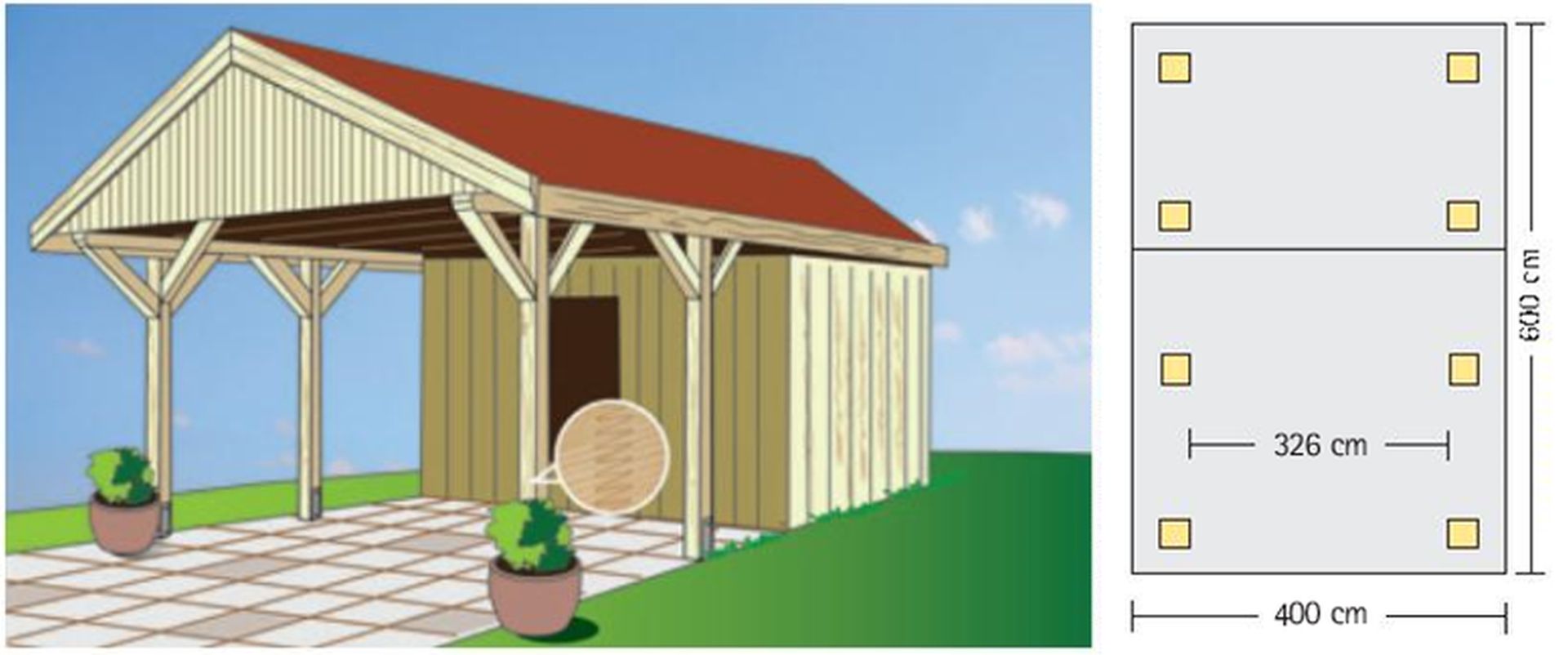 Satteldachcarport 400 x 600 cm mit Geräteraum aus BSH-Fichte / Leimbinder