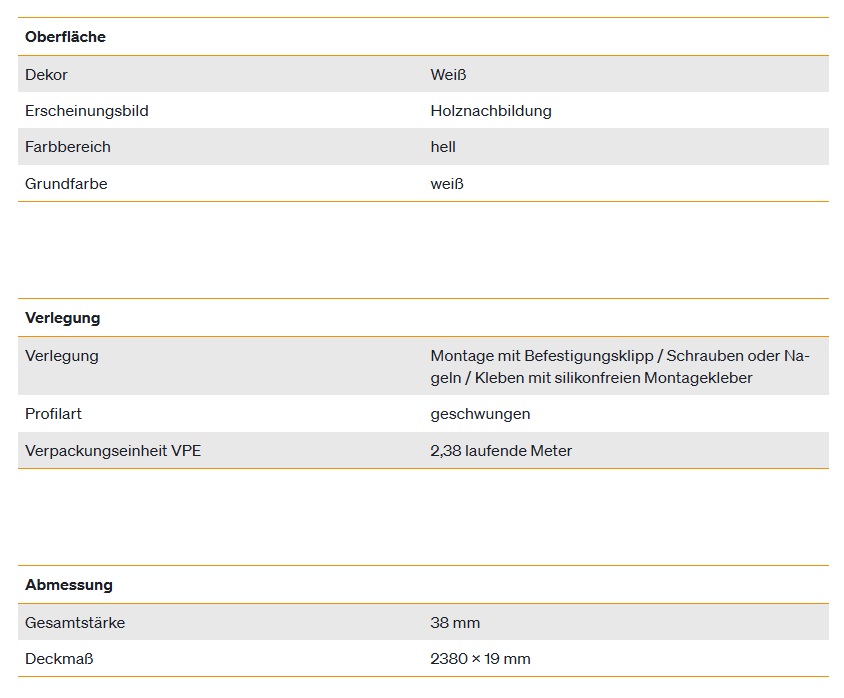 Deckenabschlussleiste für Dekorpaneele 19 x 38 mm, 2,38 Meter Länge
