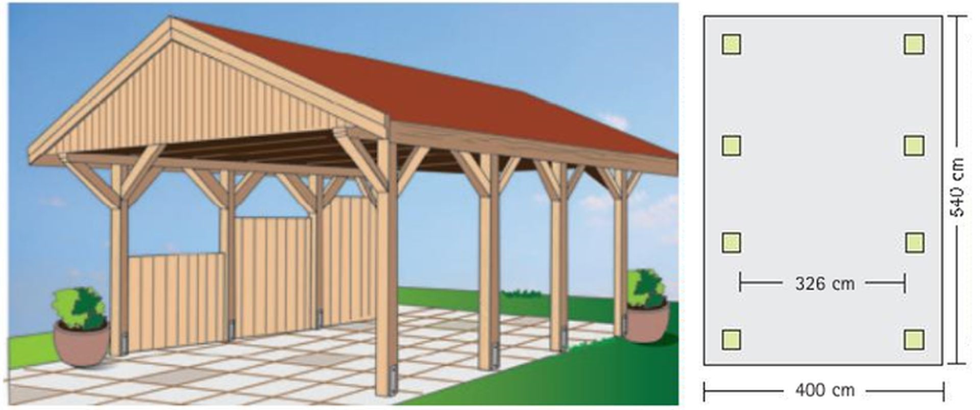 Satteldachcarport 400 x 540 cm aus KVH Douglasie/Lärche