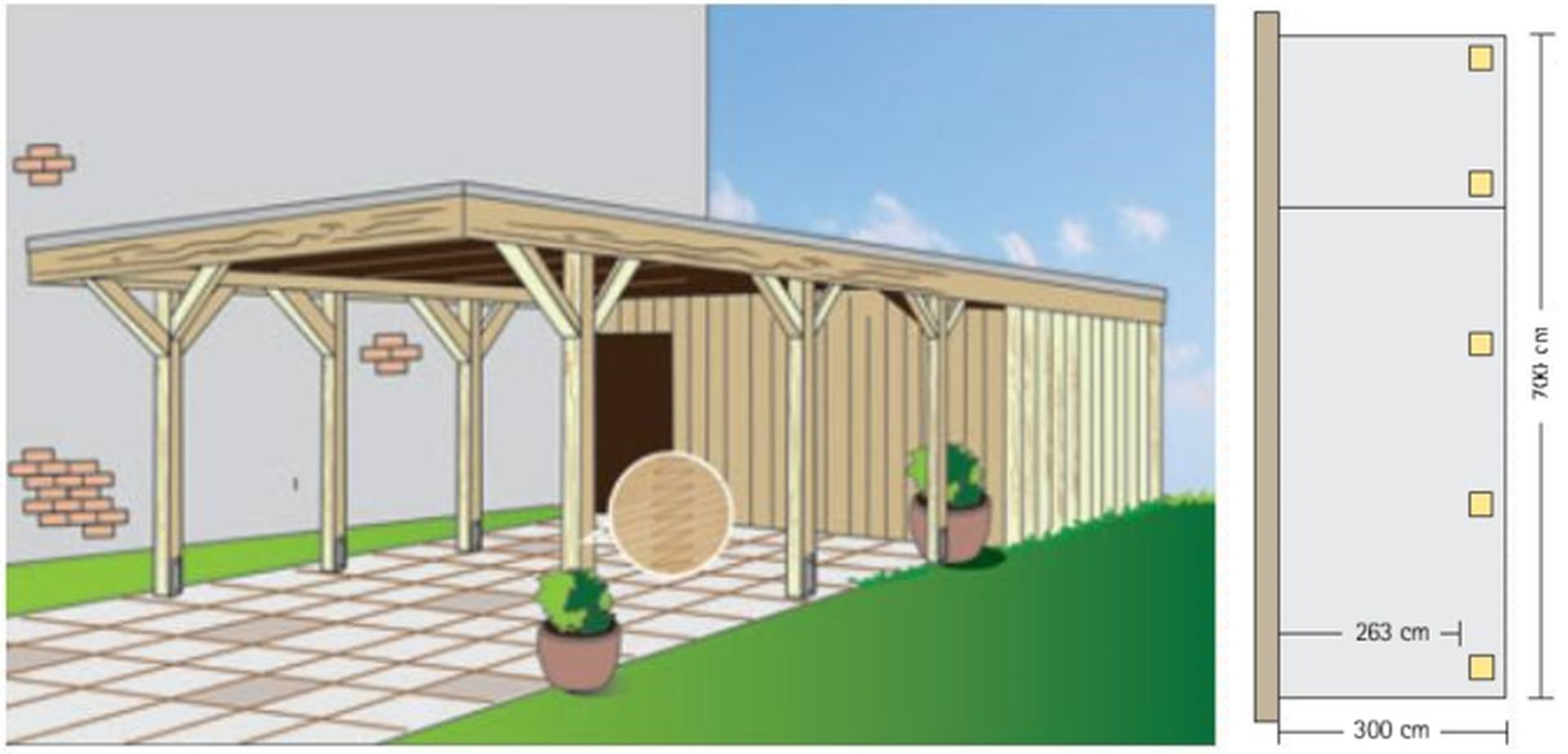 Wandanlehncarport 300 x 700 cm mit Geräteraum aus BSH-Fichte / Leimbinder